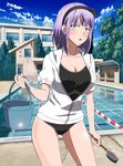  :o ass_visible_through_thighs bangs black_swimsuit blue_eyes breasts bucket building cleavage cloud contrapposto cowboy_shot dagashi_kashi day fence fingernails flower hair_flower hair_ornament hairband highres holding jacket ladle lane_line large_breasts looking_at_viewer nail_polish one-piece_swimsuit open_mouth outdoors partially_unzipped pool poolside purple_hair red_nails ringed_eyes shidare_hotaru short_hair short_sleeves sky solo standing swimsuit swimsuit_under_clothes tree watermark web_address yakumo-saito zipper 