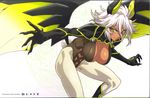  1girl blush breasts bunny_tail claws cleavage cleavage_cutout dark_skin facial_mark female hair_between_eyes highres horns large_breasts looking_at_viewer megami official_art pantyhose shinmai_maou_no_testament short_hair smile solo tail white_hair wings yellow_eyes zest 