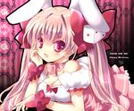  2016 animal_ears bare_shoulders blush bow breasts bunny_ears choker cleavage dated di_gi_charat dice dice_hair_ornament dress hair_bow hair_ornament happy_birthday highres koge_donbo large_breasts long_hair official_art open_mouth pink_hair red_eyes ribbon smile solo twintails usada_hikaru 