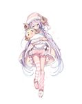  animal_ears closed_eyes crossed_arms full_body goat_ears goat_horns hat highres long_hair long_sleeves mismatched_legwear nightcap object_hug official_art oleyl pink_hair polka_dot polka_dot_legwear royal_flash_heroes smile solo striped striped_legwear stuffed_goat transparent_background twintails 