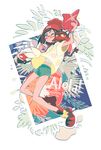  bag bangs beanie black_hair blue_eyes cup domu_(hamadura) drinking_straw floral_print gen_4_pokemon glasses hat looking_at_viewer mizuki_(pokemon) one_eye_closed pokemon pokemon_(creature) pokemon_(game) pokemon_sm red_hat rotom rotom_dex shirt shoes short_hair short_shorts shorts smile sneakers solo swept_bangs t-shirt tied_shirt wide_sleeves 