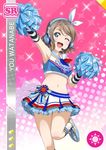  armpits blue_eyes blush character_name cheerleader grey_hair happy headphones love_live!_school_idol_festival love_live!_sunshine!! pom-poms ribbon short_hair skirt watanabe_you wink 