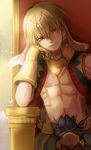  abs absurdres asa_lemon blonde_hair collar cropped_vest fate/grand_order fate_(series) gilgamesh gilgamesh_(caster)_(fate) head_rest highres lips looking_at_viewer male_focus red_eyes shirtless sitting solo throne upper_body 