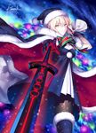  &gt;:( artist_name artoria_pendragon_(all) black_dress black_gloves black_legwear blonde_hair cape christmas_ornaments christmas_tree closed_mouth commentary_request cowboy_shot dark_excalibur dress fate/grand_order fate_(series) foreshortening frown fur_trim gloves hat kousaki_rui looking_at_viewer pantyhose pom_pom_(clothes) sack santa_alter santa_hat short_hair signature solo thighhighs v-shaped_eyebrows yellow_eyes 