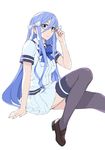 adjusting_eyewear aoki_hagane_no_arpeggio arm_at_side black_legwear blue_bow blue_eyes blue_hair blue_neckwear bow bowtie breast_pocket brown_footwear closed_mouth expressionless glasses hair_between_eyes hair_bow invisible_chair knee_up loafers long_hair looking_at_viewer musashimaru pocket shirt shoes simple_background sitting skirt solo straight_hair takao_(aoki_hagane_no_arpeggio) thighhighs very_long_hair white_background white_bow white_shirt white_skirt zettai_ryouiki 