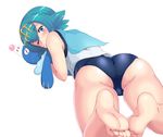  ass bare_arms bare_legs barefoot blue_eyes blue_hair blue_sailor_collar blush bright_pupils cameltoe feet gen_7_pokemon hairband looking_at_viewer lying on_stomach one-piece_swimsuit one_eye_closed pokemon pokemon_(creature) pokemon_(game) pokemon_sm popplio sailor_collar sakura_kani school_swimsuit short_hair suiren_(pokemon) swimsuit swimsuit_under_clothes trial_captain 