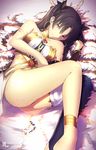  anklet artist_name ass asymmetrical_legwear bangs bare_shoulders barefoot between_legs black_hair black_legwear black_ribbon breasts bridal_gauntlets closed_mouth earrings fate/grand_order fate_(series) fetal_position hair_ribbon hoop_earrings ishtar_(fate/grand_order) jewelry long_hair long_legs looking_at_viewer lying magicians_(zhkahogigzkh) medium_breasts neck_ring necklace partially_submerged pelvic_curtain red_eyes ribbon smile solo strapless toeless_legwear two_side_up water wet 