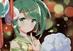  2016 absurdres artist_name blush choukai_(zhan_jian_shao_nyu) closed_mouth commentary_request cotton_candy dated detached_sleeves green_eyes green_hair green_shirt highres index_finger_raised lizi looking_at_viewer mask mask_on_head portrait remodel_(zhan_jian_shao_nyu) sailor_collar shirt side_ponytail signature smile solo zhan_jian_shao_nyu 