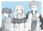  alisa_(girls_und_panzer) alternate_costume blue_background casual dog_tags freckles girls_und_panzer hair_ornament hand_on_hip hands_in_pockets jacket kay_(girls_und_panzer) long_hair multiple_girls naomi_(girls_und_panzer) short_hair short_twintails smile star star_hair_ornament therj twintails 