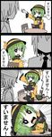  chair comic commentary emphasis_lines eyeball fourth_wall green_hair hat hat_ribbon heart heart_of_string highres jetto_komusou komeiji_koishi looking_at_viewer menu necktie ribbon short_hair simple_background sitting sitting_on_table table third_eye touhou translated 