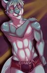  2016 abs abstract_background anthro argent_(fahleir) biceps biped biting_lip blue_eyes boxers_(clothing) bulge canine clothed clothing countershade_face countershade_torso countershading digital_media_(artwork) eyebrows facial_markings fcsimba fluffy fluffy_tail front_view fur grey_fur grey_hair grey_nose grey_tail hair half-closed_eyes hand_on_shoulder hi_res looking_away male mammal markings multicolored_fur multicolored_hair muscular muscular_male pecs pinup portrait pose snout soft_shading solo standing teeth three-quarter_portrait topless tuft two_tone_fur two_tone_hair underwear white_countershading white_fur white_hair white_markings wolf 