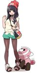  bag beanie between_breasts black_hair black_legwear blush breasts cleavage cosplay dragon_quest full_body gen_7_pokemon hanauna hat hero-chan_(hanauna) highres large_breasts long_hair mizuki_(pokemon) mizuki_(pokemon)_(cosplay) nervous_smile open_mouth pantyhose pokemon pokemon_(game) pokemon_sm see-through shorts simple_background solo standing strap_cleavage stufful white_background 