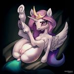  2016 anus areola big_eyes breasts crown equine eyelashes feathered_wings feathers female friendship_is_magic fur hair hooves horn legs_up long_hair mammal my_little_pony nipples nude on_floor oneofyouare pink_eyes pink_hair pink_pussy presenting presenting_anus presenting_pussy princess_celestia_(mlp) pussy reclining simple_background sitting solo white_fur winged_unicorn wings 
