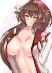  bangs blush breasts brown_eyes brown_hair cherry_blossoms closed_mouth collarbone commentary_request detached_sleeves eyebrows eyebrows_visible_through_hair flower hair_between_eyes hair_flower hair_ornament headgear highres kantai_collection large_breasts long_hair looking_at_viewer midriff navel no_bra open_clothes open_shirt ponytail sankakusui shirt sidelocks simple_background smile solo stomach upper_body white_background yamato_(kantai_collection) 
