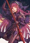  bodysuit breasts covered_navel covered_nipples fate/grand_order fate_(series) gae_bolg hat holding holding_weapon large_breasts licking_lips long_hair looking_at_viewer mr_cloud pauldrons polearm purple_bodysuit purple_hair red_eyes scathach_(fate)_(all) scathach_(fate/grand_order) solo tongue tongue_out very_long_hair weapon 