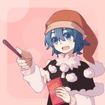  :d androgynous blue_eyes blue_hair doremy_sweet fang food hair_between_eyes hat holding ko_kita long_sleeves looking_to_the_side nightcap open_mouth outstretched_arm pocky pocky_kiss pom_pom_(clothes) shared_food smile solo touhou 