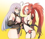  ahoge asymmetrical_docking bangs bare_shoulders black_gloves blue_eyes blunt_bangs blush breast_press breasts cable fingerless_gloves glasses gloves gradient gradient_background green_eyes highres large_breasts long_hair looking_at_viewer mary_lucy multiple_girls open_mouth red-framed_eyewear red_hair sarah_o'connell semi-rimless_eyewear silver_hair simple_background smashing_the_battle smile sumiyao_(amam) twintails under-rim_eyewear 