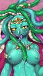  2015 areola armlet blue_nipples blue_skin blush breasts crown cum cum_on_breasts cum_on_chest cum_on_face cum_on_tongue eyelashes fangs female forked_tongue humanoid jewelry long_tongue looking_at_viewer medusa necklace nipples nme open_mouth purple_tongue reptile scalie slit_pupils snake snake_hair solo sweat teeth tiara tongue tongue_out yellow_sclera 