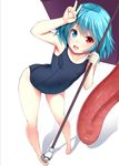  alternate_costume barefoot black_school_swimsuit blue_eyes blue_hair blush breasts covered_navel ebi_193 full_body heterochromia highres karakasa_obake looking_at_viewer one-piece_swimsuit red_eyes school_swimsuit short_hair simple_background small_breasts smile solo standing swimsuit tatara_kogasa touhou umbrella v white_background 