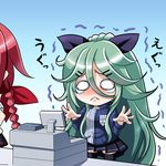  alternate_costume black_legwear blush braid cash_register cashier chibi commentary_request frown green_hair hair_between_eyes hair_ornament hair_ribbon hairclip kantai_collection kawakaze_(kantai_collection) lawson long_hair looking_at_viewer multiple_girls name_tag o_o out_of_frame pleated_skirt red_hair remodel_(kantai_collection) ribbon skirt tearing_up tears thighhighs tk8d32 translated trembling yamakaze_(kantai_collection) zettai_ryouiki 