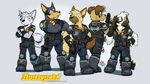  anthro boots canine clothing cocker_spaniel crossed_arms doberman dog earpiece fido_(housepets!) fingerless_gloves footwear fox_(housepets!) front_view german_shepherd gloves grin group gun handgun holding_object holding_weapon housepets! husky kevin_(housepets!) lineup mammal police_officer ralph_(housepets!) ranged_weapon rear_view rick_griffin signature standing terrance_(housepets!) uniform weapon 