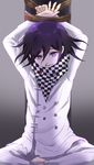  arms_up barefoot blood bloody_clothes bound bound_wrists bruise_on_face buttons checkered checkered_scarf danganronpa double-breasted indian_style looking_at_viewer male_focus new_danganronpa_v3 nosebleed ouma_kokichi parted_lips pole purple_eyes purple_hair rope scarf sitting smile solo straitjacket torn_clothes utou_(utousan) 