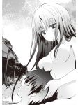  1boy 1girl breasts day eyebrows_visible_through_hair greyscale hair_between_eyes hair_censor hair_over_breasts highres lap_pillow long_hair medium_breasts meiyaku_no_leviathan monochrome nimura_yuuji novel_illustration nude official_art outdoors very_long_hair 