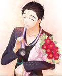  2016 ^_^ black_hair bouquet closed_eyes dated flower happy_birthday himuka_roko katsuki_yuuri male_focus medal open_mouth smile solo yuri!!!_on_ice 