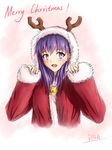  alternate_costume antlers artist_name bell blush christmas commentary fate/stay_night fate_(series) fur_trim looking_at_viewer matou_sakura merry_christmas open_mouth purple_eyes purple_hair reindeer_antlers rna_(angel-smelter) santa_costume sleeves_past_wrists solo 