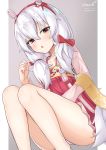 1girl :o animal_ears ass azur_lane bangs bare_legs bow bunny_ears collarbone dated fake_animal_ears feet_out_of_frame grey_background hair_between_eyes hair_bow hairband hand_up high-waist_skirt japanese_clothes knees_up laffey_(azur_lane) long_hair long_sleeves looking_at_viewer low_twintails miniskirt orange_eyes panties parted_lips pleated_skirt red_bow red_skirt sash signature skirt solo thighs twintails twitter_username two-tone_background underwear unel white_background white_hair white_panties 
