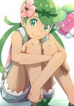  bare_arms bare_legs bounsweet dark_skin flower gen_7_pokemon green_eyes green_hair hair_flower hair_ornament leg_hug legs long_hair looking_at_viewer mao_(pokemon) overalls pokemon pokemon_(creature) pokemon_(game) pokemon_sm sitting smile tadano_omake trial_captain twintails white_background 