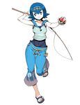  baggy_pants blue_eyes blue_hair blue_sailor_collar bright_pupils capri_pants covered_navel fishing_rod full_body genzoman holding looking_at_viewer midriff pants poke_ball poke_ball_(generic) pokemon pokemon_(game) pokemon_sm sailor_collar sandals simple_background sleeveless smile solo suiren_(pokemon) swimsuit swimsuit_under_clothes trial_captain white_background 