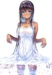  black_hair blue_eyes blush breasts cleavage dark_skin dress gorua_(youce01) hairband large_breasts long_hair md5_mismatch original outstretched_wrists simple_background solo standing wading water wet white_background white_dress yuurika_(gorua) 