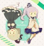  blue_eyes blue_footwear boots dress ghost ghost_tail green_dress green_hair hands_in_opposite_sleeves hat heart japanese_clothes kariginu layered_clothing mononobe_no_futo moyo_(amaniwa) multiple_girls ofuda pom_pom_(clothes) ponytail ribbon-trimmed_sleeves ribbon_trim short_hair silver_hair skirt soga_no_tojiko star tate_eboshi touhou upside-down 