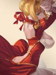  amino_(tn7135) arms_up ass back_cutout backless_outfit blonde_hair breasts butt_crack covered_nipples dress epaulettes fate/extra fate_(series) green_eyes hair_bun hair_ribbon large_breasts looking_at_viewer md5_mismatch nero_claudius_(fate) nero_claudius_(fate)_(all) red_dress ribbon sideboob signature skirt solo 