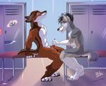  anthro bench canine claws digitigrade erection fur hair handjob kotenokgaff locker_room male male/male mammal muscular muscular_male open_mouth penis sex sitting smile teeth 