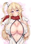  1girl alternate_costume alternate_hairstyle bangs blonde_hair blush breasts center_opening cleavage commentary_request cosplay hair_tubes highres iowa_(kantai_collection) kantai_collection large_breasts long_hair midriff no_bra one_side_up parted_lips purple_eyes red_scarf sankakusui saratoga_(kantai_collection) saratoga_(kantai_collection)_(cosplay) scarf shiny shiny_skin short_sleeves sidelocks smile solo stomach sweat upper_body 