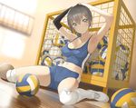  2016 armpits arms_up artist_name bangs blurry blush breasts buruma cart cleavage depth_of_field dutch_angle elbow_gloves eyebrows_visible_through_hair gloves grey_eyes grey_hair gym hair_between_eyes indoors large_breasts legs looking_at_viewer midriff navel original parted_lips ponytail shadow shin_guards shoes short_hair single_glove sitting smile solo sports_bra sweat teeth thighhighs thighs throtem tomboy tying_hair very_short_hair volleyball wariza wet wet_clothes white_legwear wooden_floor 