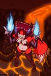  breasts clothed clothing demon fangs female fingerless_gloves fire foxcat fur gloves green_eyes hair hell horn lava legwear linda_wright looking_at_viewer magic red_fur red_hair skimpy stalagmites stockings terdburgler wings 