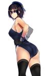  ass beret black_gloves black_hair black_legwear blue_swimsuit breasts cafe_au_lait_(kafeore) competition_school_swimsuit covered_nipples gloves hat kantai_collection large_breasts looking_back one-piece_swimsuit open_mouth red_eyes short_hair simple_background solo swimsuit takao_(kantai_collection) thighhighs white_background wrist_cuffs 