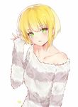  bad_id bad_pixiv_id blonde_hair green_eyes idolmaster idolmaster_cinderella_girls looking_at_viewer miyamoto_frederica off_shoulder open_mouth short_hair signature sleeves_past_wrists solo striped striped_sweater sweater tr_(hareru) 