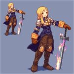  agrias_oaks armor blonde_hair blue_background boots breastplate final_fantasy final_fantasy_tactics fire gloves knee_pads long_hair multiple_views pixel_art purple_fire shadow shirosu simple_background sword weapon 