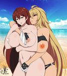  2girls areolae beach blonde_hair breasts breasts_outside curvy erect_nipples fondling green_eyes hiiragi_akira huge_breasts long_hair multiple_girls navel nipples parted_lips red_eyes red_hair rexy_stark shikishima_mirei standing swimsuit valkyrie_drive valkyrie_drive_-mermaid- very_long_hair water wide_hips yuri 