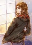  brown_eyes brown_hair contemporary cowboy_shot dated denim dr. granblue_fantasy hands_in_pockets hood hoodie jeans long_hair looking_back male_focus pants siegfried_(granblue_fantasy) signature smile solo window 