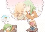  blonde_hair blush book cake carrot chair closed_eyes closed_mouth collared_shirt desk emblem flower food full-face_blush gradient gradient_background green_hair gumi halftone halftone_background heart holding holding_book hood hoodie iede_no_shounen_to_maigo_shoujo imminent_kiss kagamine_rin long_hair long_sleeves multiple_girls necktie open_book orange_sweater paper parted_lips plate red_neckwear school_desk shirt sitting sketch slice_of_cake sweater tensei_shoujo_to_tensei_shounen thought_bubble trembling vocaloid wavy_mouth white_shirt wing_collar yunare yuri zipper 