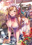 all_fours apron breasts brown_eyes brown_hair bucket cake chalkboard checkered checkered_floor copyright_name flower food frilled_apron frills headdress large_breasts lights long_hair naked_apron official_art open_mouth qurare_magic_library solo water wet xxinainaxx 