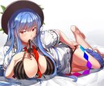  absurdres bangs barefoot between_breasts black_bra black_hat black_panties blue_hair blue_skirt blush bra breasts breasts_outside cleavage frilled_skirt frills hat highres hinanawi_tenshi large_breasts long_hair looking_at_viewer lying mouth_hold neropaso older on_side panties rainbow_order red_eyes shirt sidelocks skirt skirt_pull solo striped touhou underwear vertical-striped_bra vertical_stripes white_shirt 