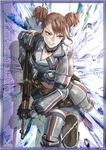  artist_request brigitte_stark brown_eyes brown_hair choker copyright_name earrings gloves gun holding holding_gun holding_weapon jewelry leg_up lowres midriff military military_uniform navel rifle senjou_no_valkyria senjou_no_valkyria_1 short_hair solo thighhighs uniform weapon 