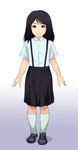  1girl black_eyes black_hair black_skirt child closed_mouth female gekkou_(geccomajin) gradient gradient_background looking_at_viewer original shoes short_sleeves skirt socks solo standing suspenders white_legwear 