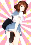  avan_kaiser bad_hands bad_id bad_nicoseiga_id bag bare_legs blue_skirt blush brown_eyes brown_footwear brown_hair from_behind hibike!_euphonium leaning_forward leg_up loafers neckerchief no_socks oumae_kumiko pink_neckwear school_bag school_uniform serafuku shirt shoe_soles shoes short_hair short_sleeves skirt solo sparkle standing standing_on_one_leg two-tone_background white_shirt 